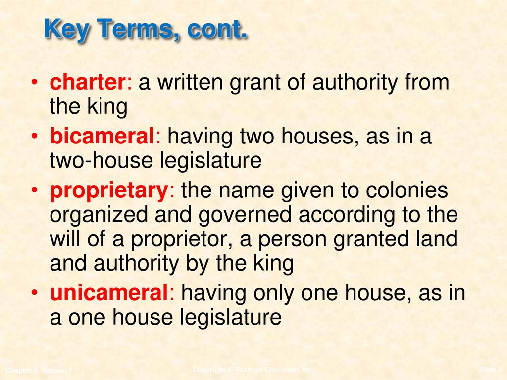 Key Terms, cont. charter: a written grant of authority from the king