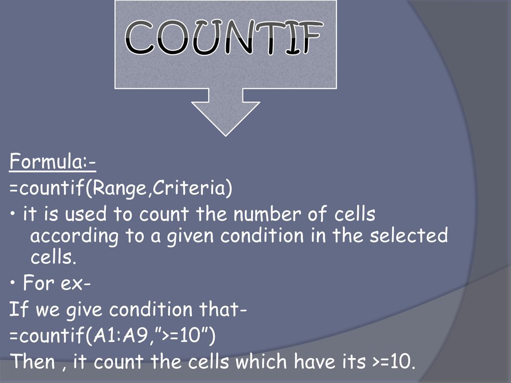 COUNTIF Formula:- =countif(Range,Criteria)