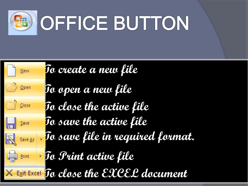 OFFICE BUTTON To create a new file To open a new file