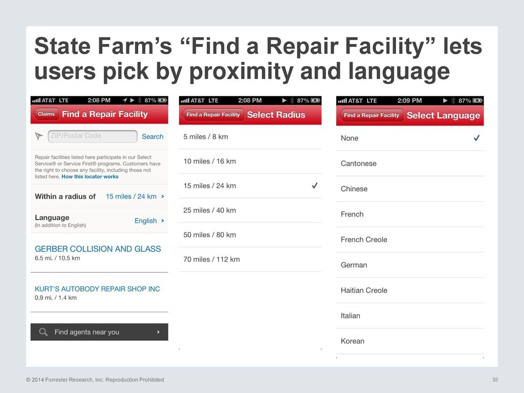 State Farm’s Find a Repair Facility lets users pick by proximity and language