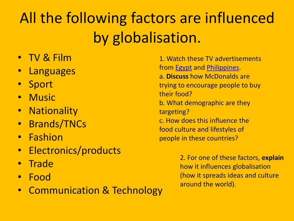All the following factors are influenced by globalisation.