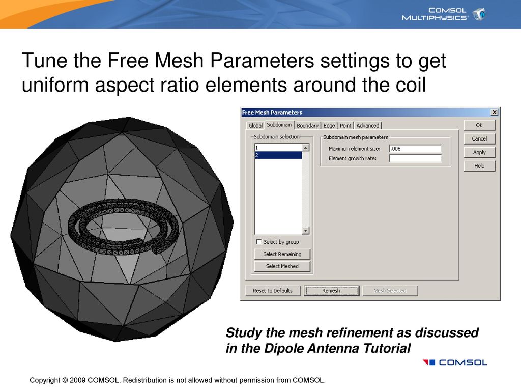 Tune the Free Mesh Parameters settings to get uniform aspect ratio elements around the coil