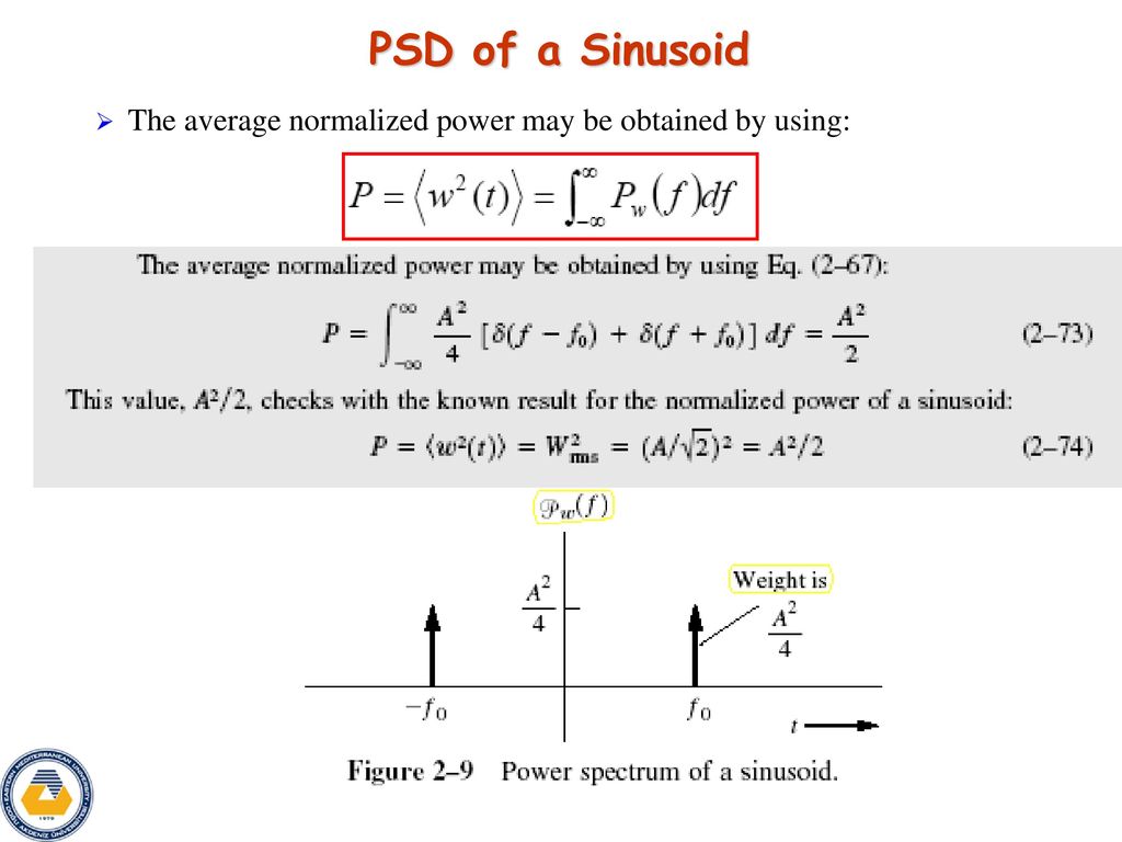 PSD of a Sinusoid The average normalized power may be obtained by using: