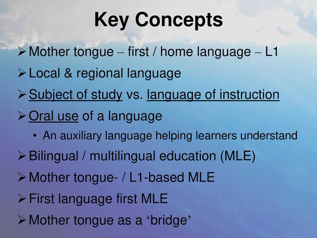 Key Concepts Mother tongue – first / home language – L1