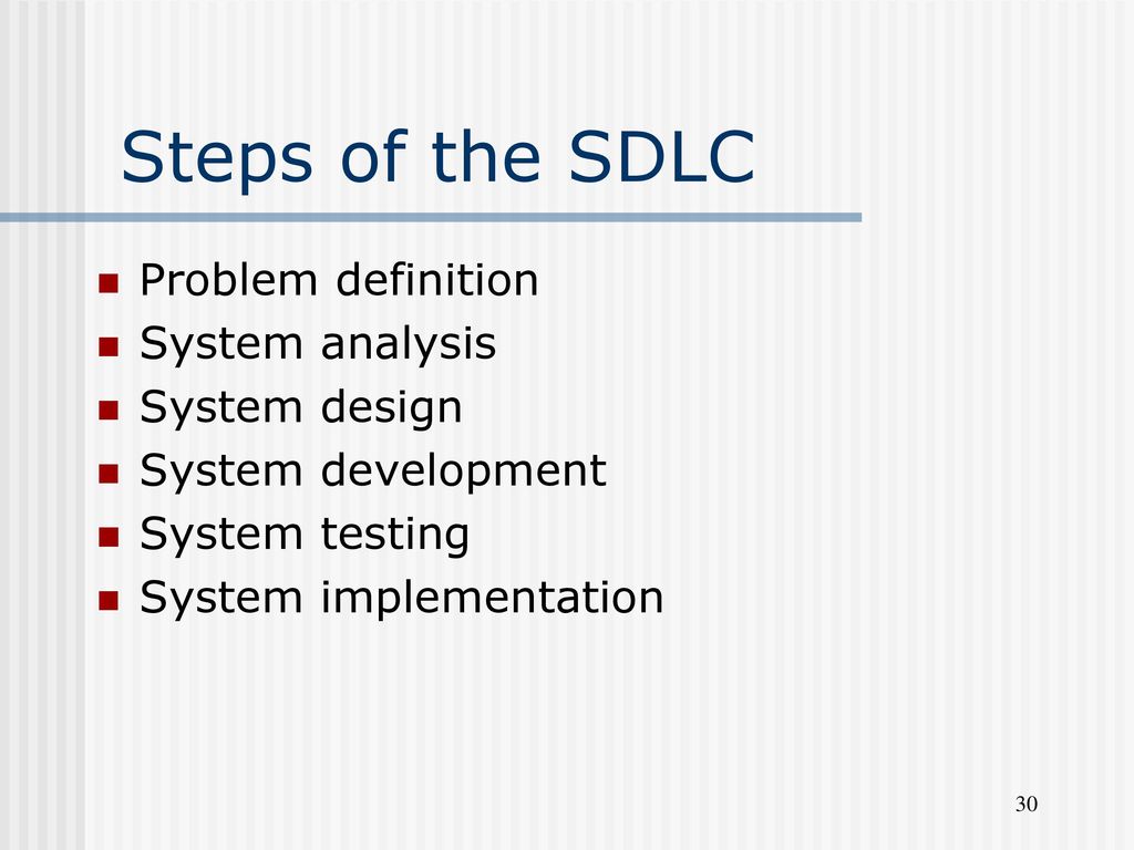 Steps of the SDLC Problem definition System analysis System design