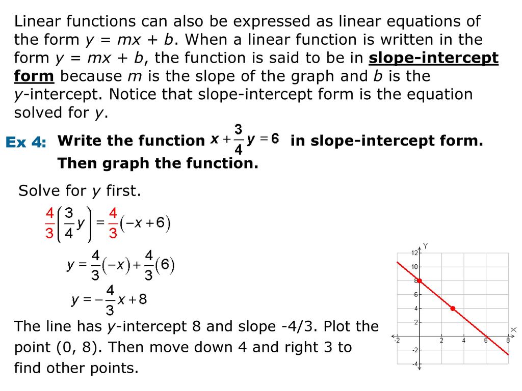Linear functions can also be expressed as linear equations of the form y = mx + b. When a linear function is written in the form y = mx + b, the function is said to be in slope-intercept form because m is the slope of the graph and b is the