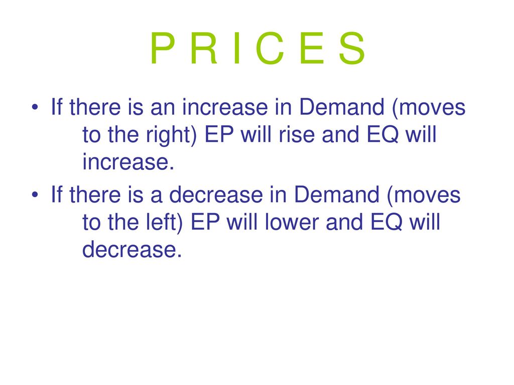 P R I C E S If there is an increase in Demand (moves to the right) EP will rise and EQ will increase.