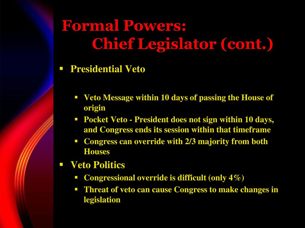 Formal Powers: Chief Legislator (cont.)