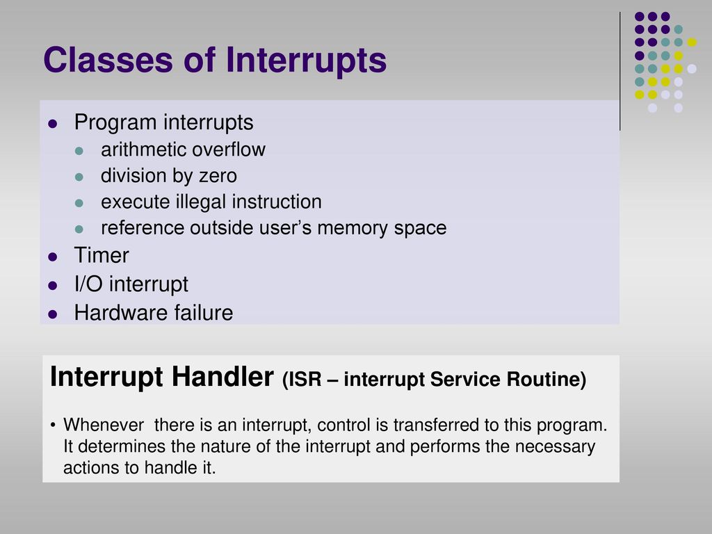 Classes of Interrupts Program interrupts. arithmetic overflow. division by zero. execute illegal instruction.