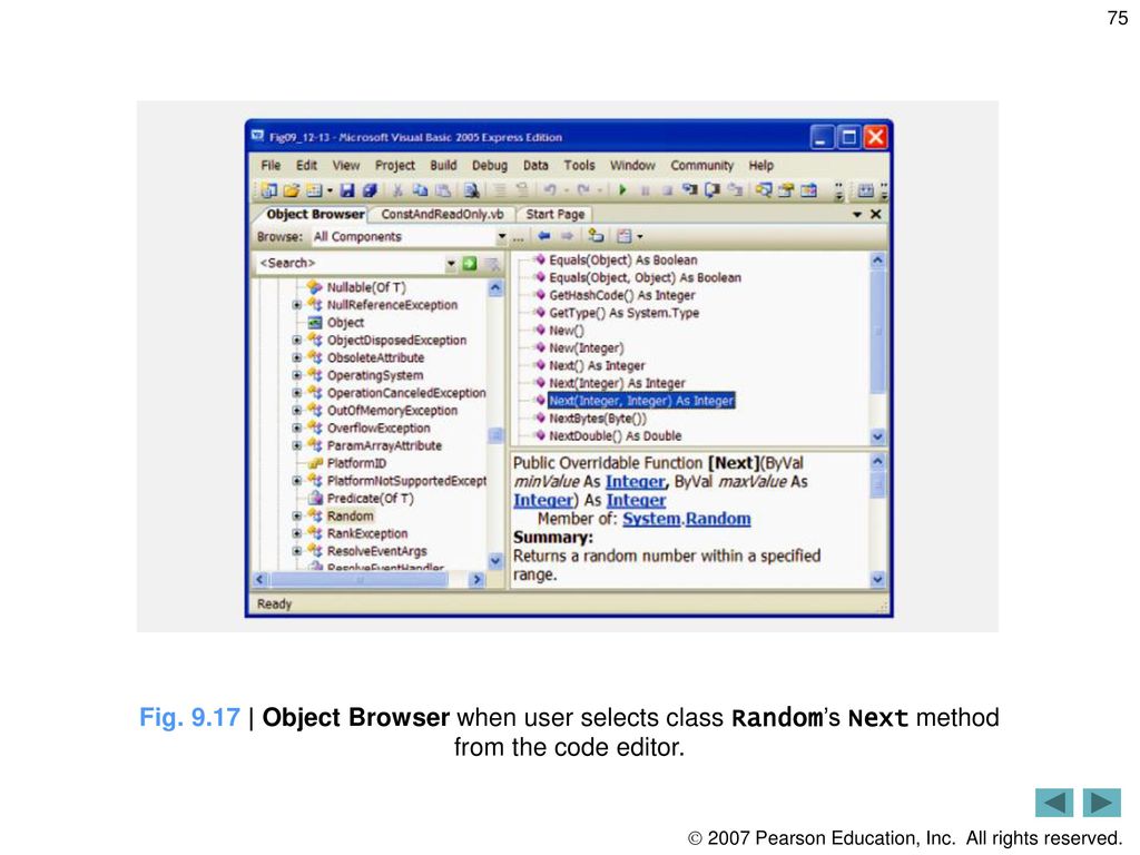Fig | Object Browser when user selects class Random’s Next method from the code editor.