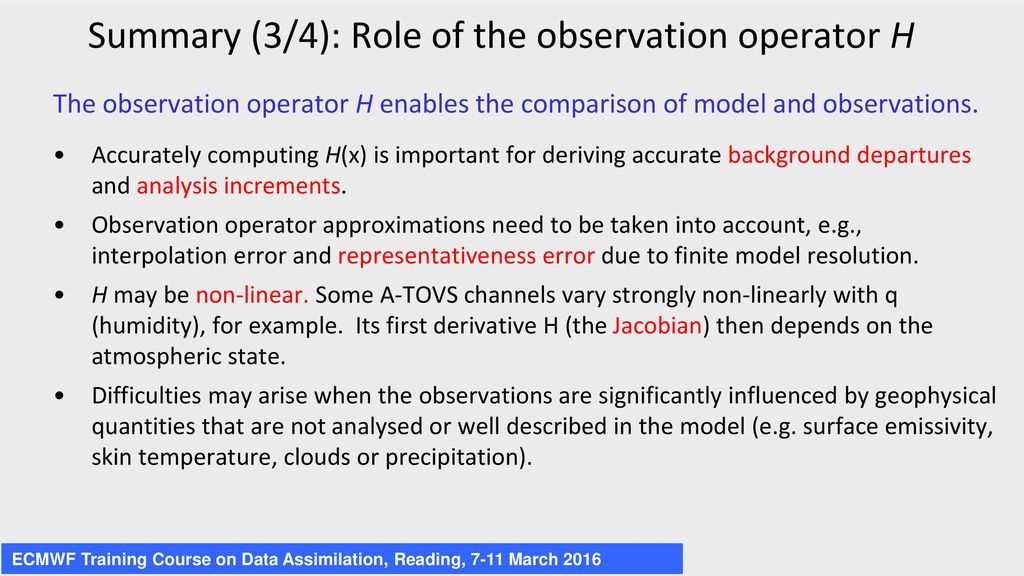 Summary (3/4): Role of the observation operator H