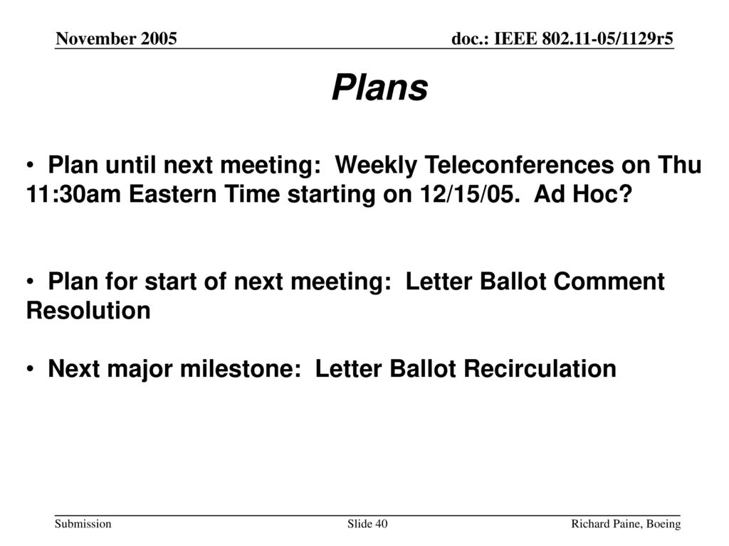 Plans Plan until next meeting: Weekly Teleconferences on Thu 11:30am Eastern Time starting on 12/15/05. Ad Hoc