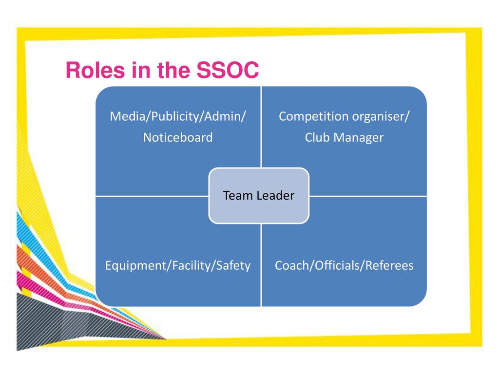 Roles in the SSOC Team Leader Media/Publicity/Admin/ Noticeboard