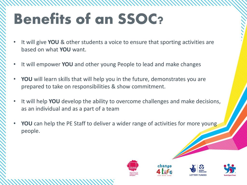 Benefits of an SSOC It will give YOU & other students a voice to ensure that sporting activities are based on what YOU want.