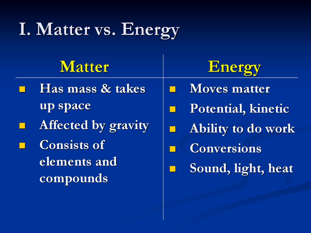 I. Matter vs. Energy Matter Energy Has mass & takes up space