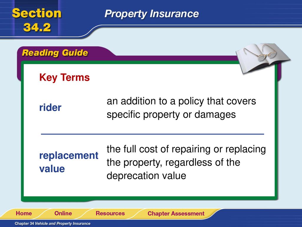 Key Terms an addition to a policy that covers specific property or damages. rider.