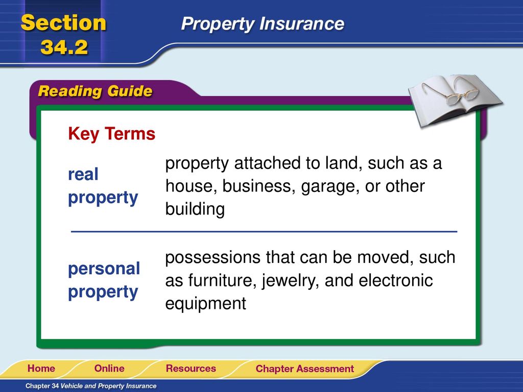 Key Terms property attached to land, such as a house, business, garage, or other building. real property.