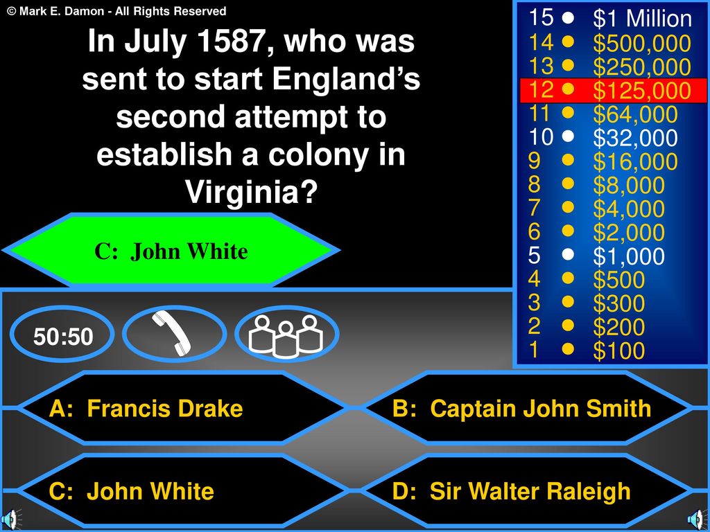 15 $1 Million. In July 1587, who was sent to start England’s second attempt to establish a colony in Virginia