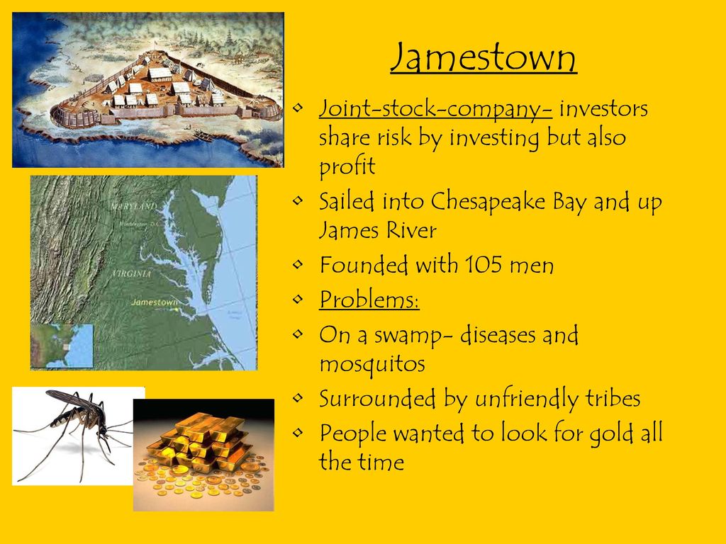 Jamestown Joint-stock-company- investors share risk by investing but also profit. Sailed into Chesapeake Bay and up James River.