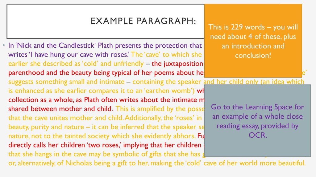 Example paragraph: This is 229 words – you will need about 4 of these, plus an introduction and conclusion!