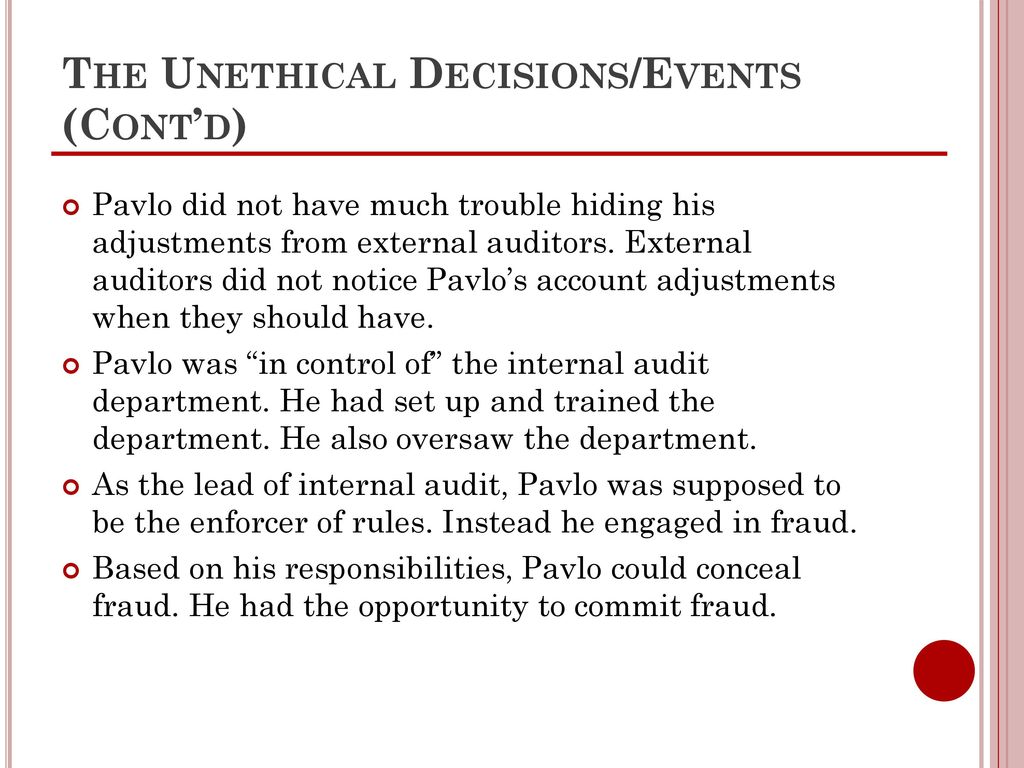 The Unethical Decisions/Events (Cont’d)