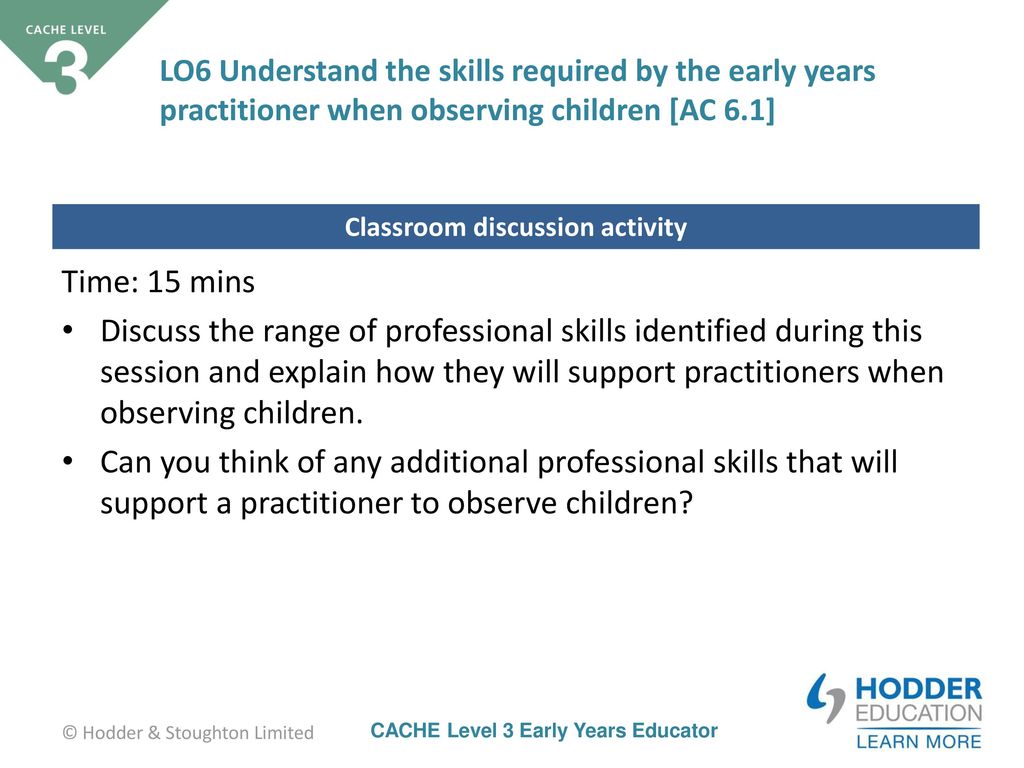 LO6 Understand the skills required by the early years practitioner when observing children [AC 6.1]