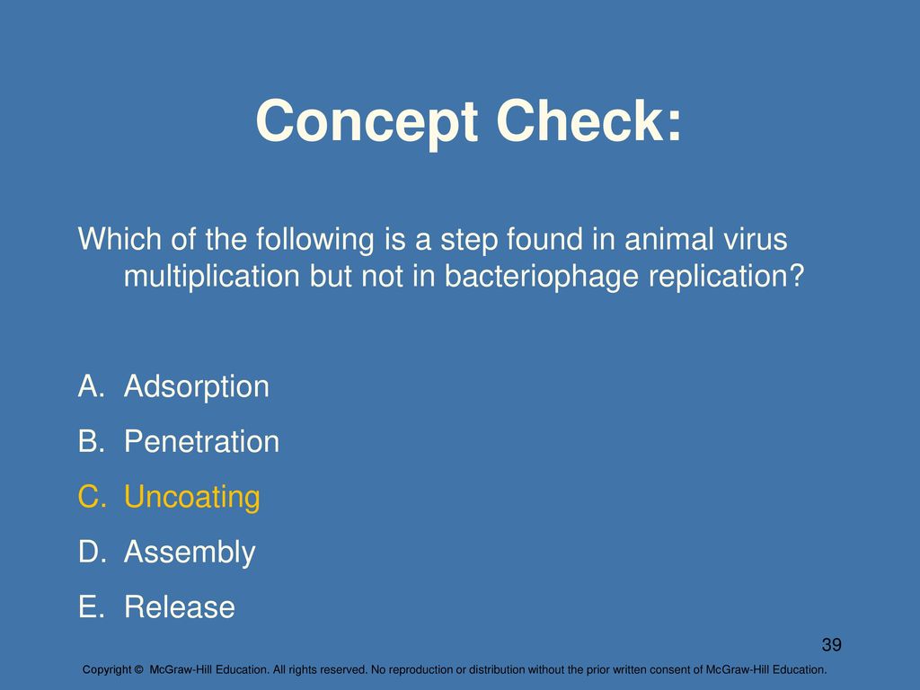 Concept Check: Which of the following is a step found in animal virus multiplication but not in bacteriophage replication
