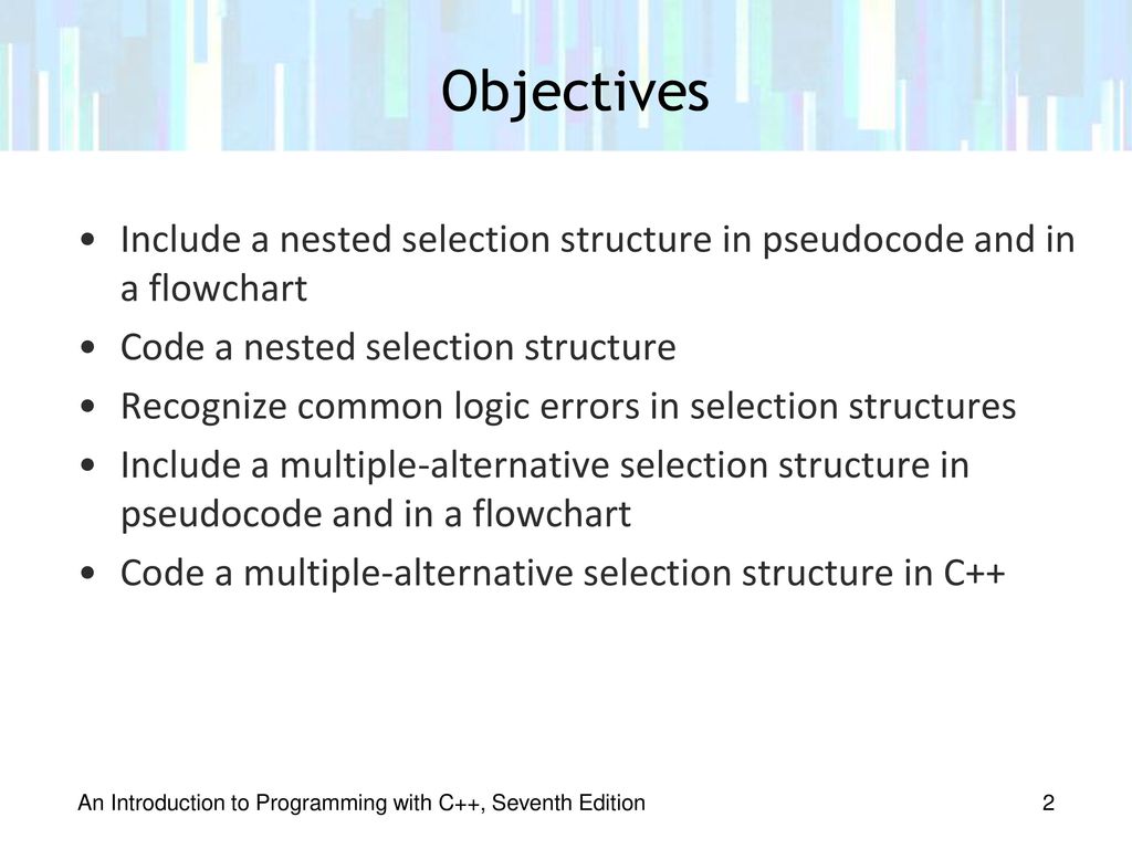 Objectives Include a nested selection structure in pseudocode and in a flowchart. Code a nested selection structure.