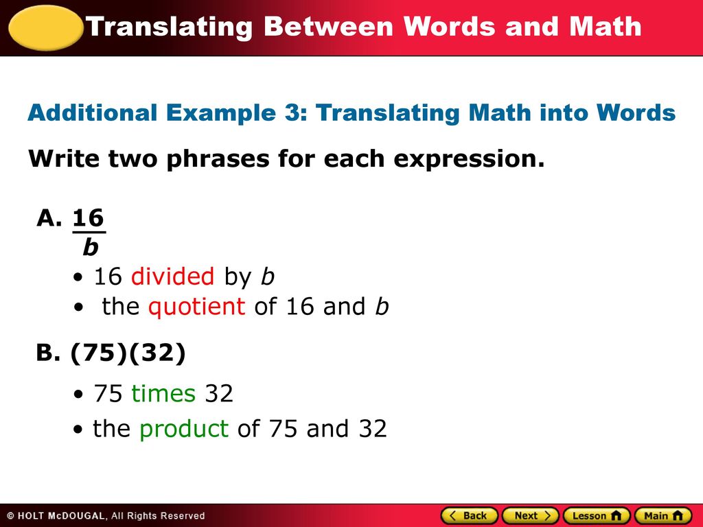 Additional Example 3: Translating Math into Words