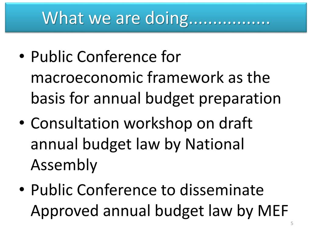 What we are doing Public Conference for macroeconomic framework as the basis for annual budget preparation.