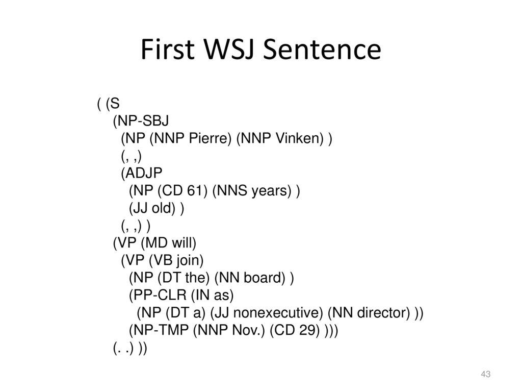 First WSJ Sentence ( (S (NP-SBJ (NP (NNP Pierre) (NNP Vinken) ) (, ,)
