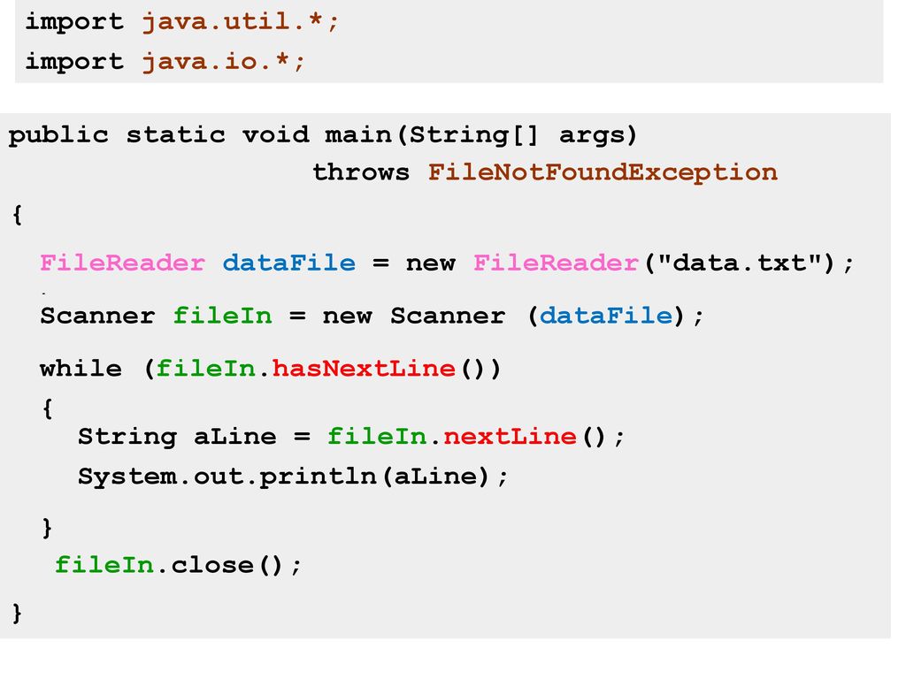 import java.util.*; import java.io.*; public static void main(String[] args) { } throws FileNotFoundException.