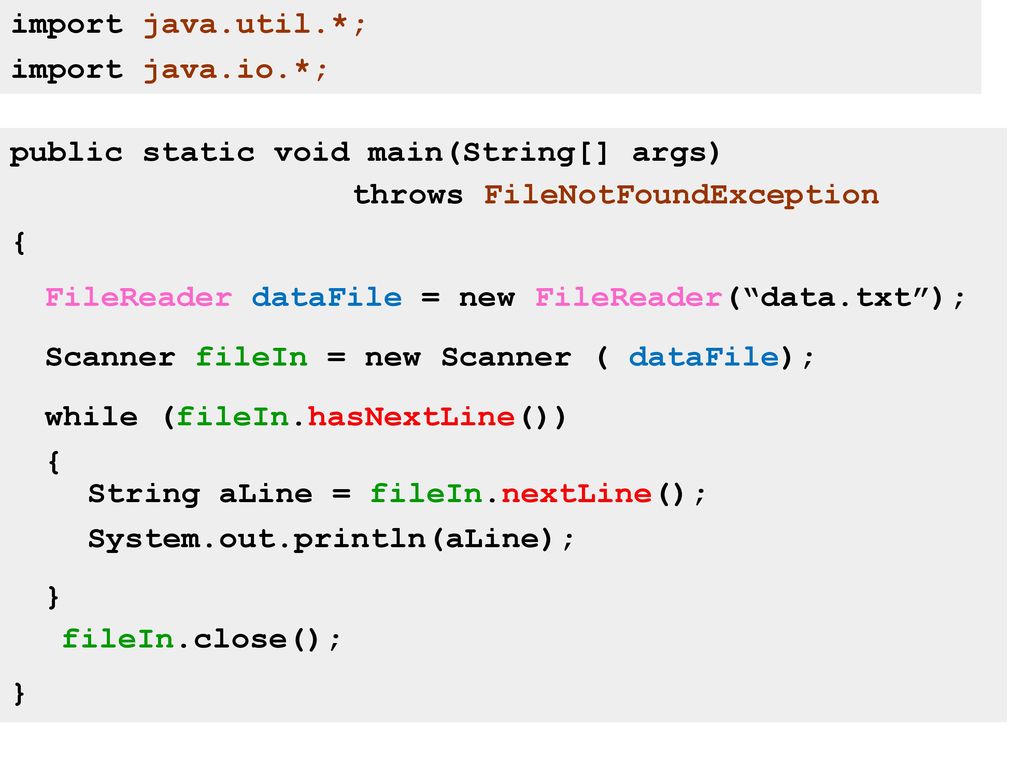 import java.util.*; import java.io.*; public static void main(String[] args) { } throws FileNotFoundException.