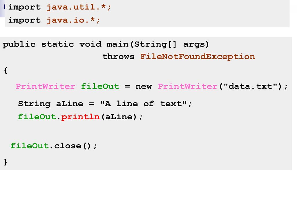 import java.util.*; import java.io.*; public static void main(String[] args) { } throws FileNotFoundException.