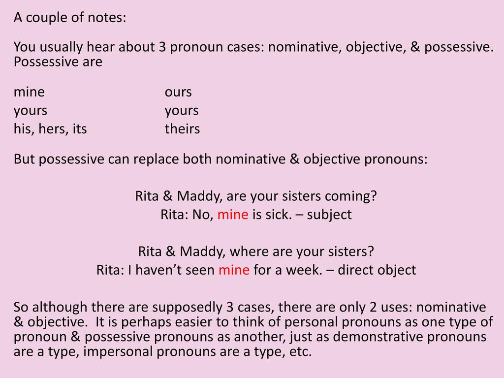 A couple of notes: You usually hear about 3 pronoun cases: nominative, objective, & possessive.