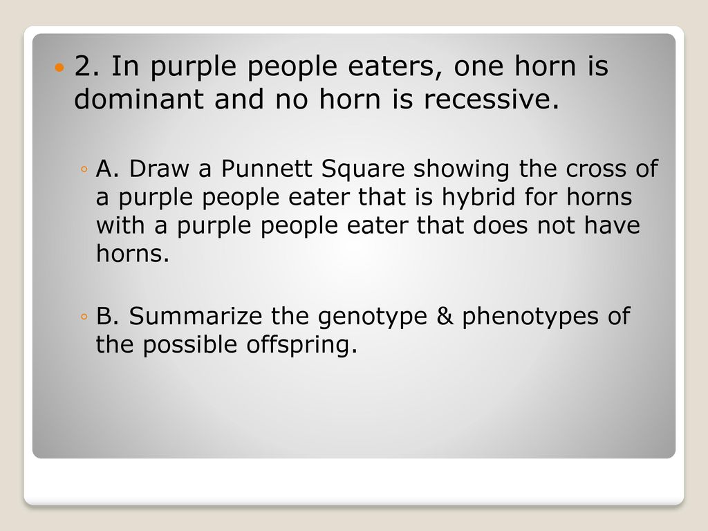 2. In purple people eaters, one horn is dominant and no horn is recessive.