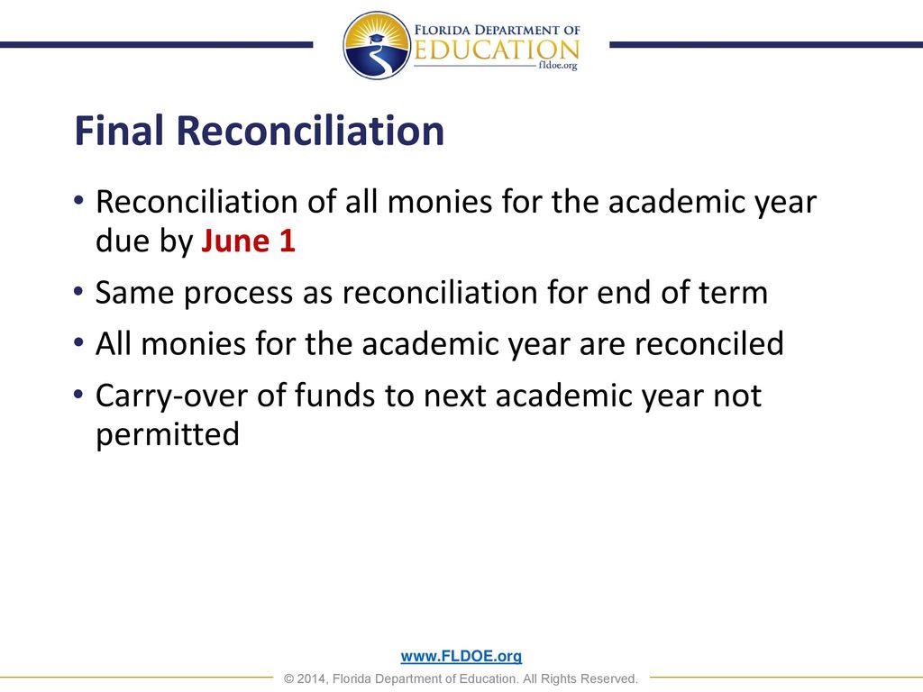 Final Reconciliation Reconciliation of all monies for the academic year due by June 1. Same process as reconciliation for end of term.