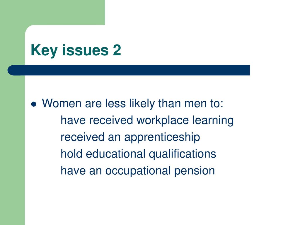 Key issues 2 Women are less likely than men to: