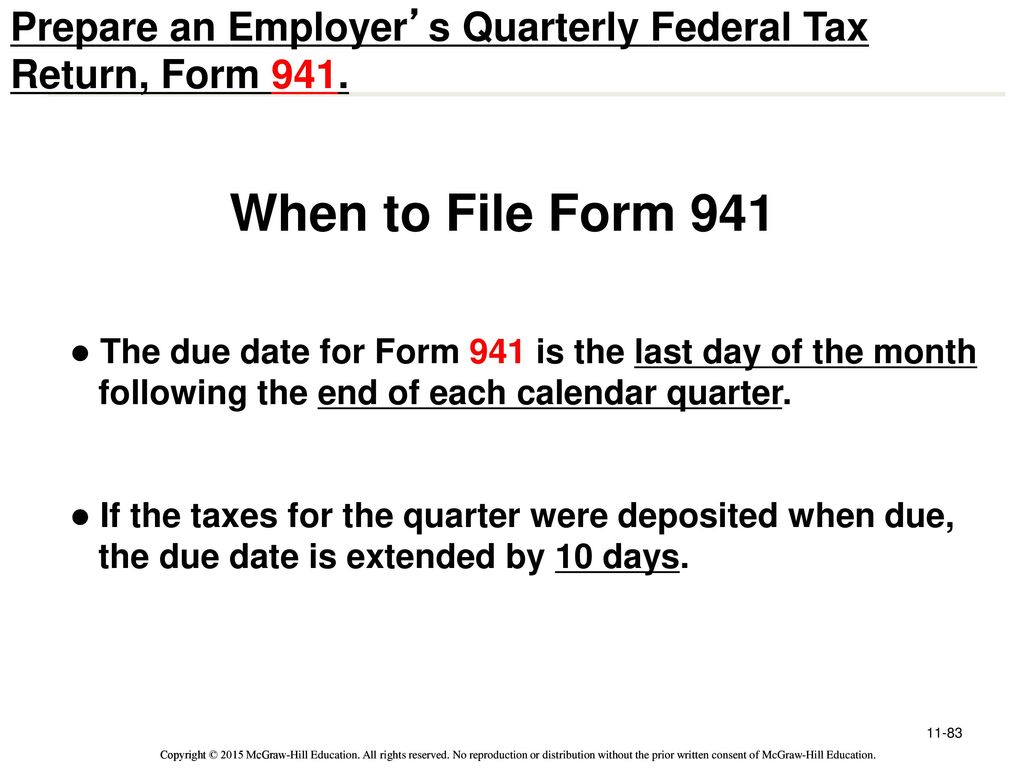 Prepare an Employer’s Quarterly Federal Tax Return, Form 941.