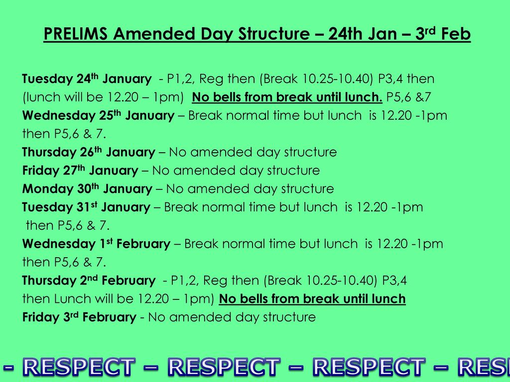 PRELIMS Amended Day Structure – 24th Jan – 3rd Feb