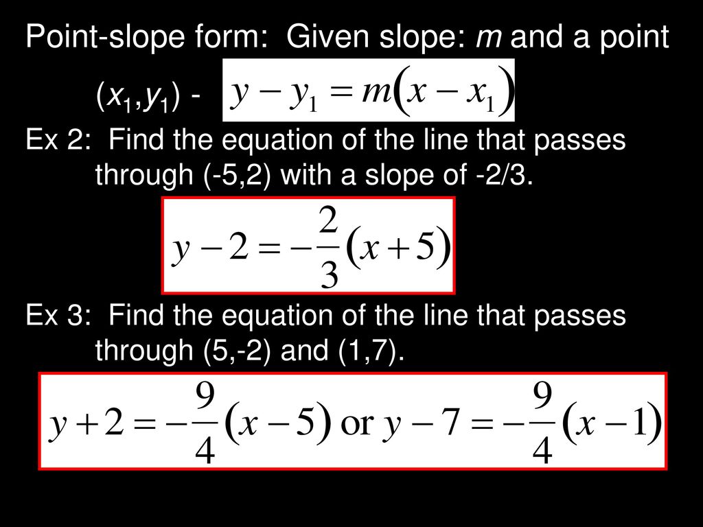 Point-slope form: Given slope: m and a point (x1,y1) -