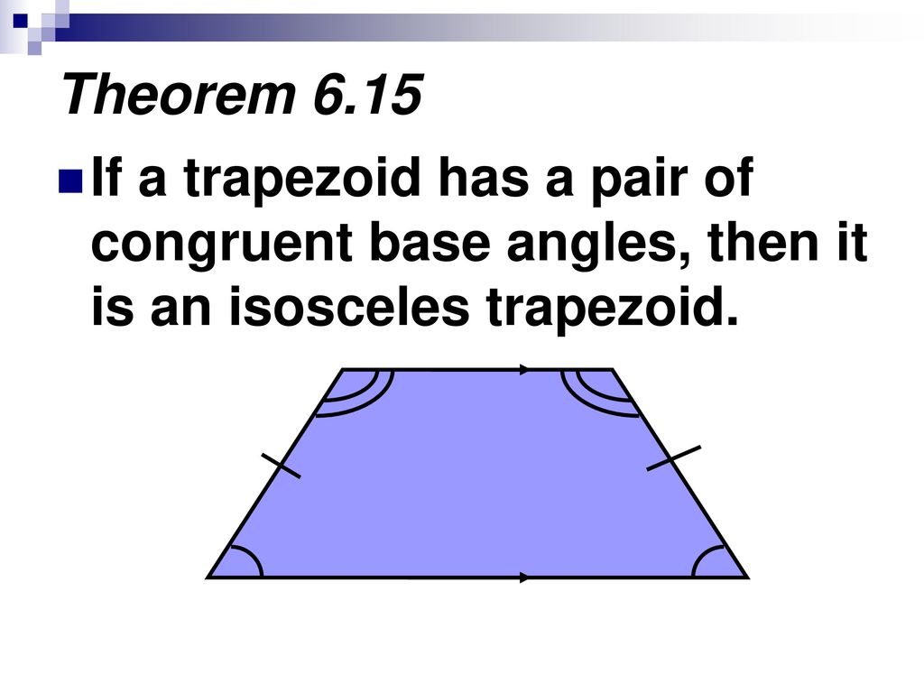 Theorem 6.15 If a trapezoid has a pair of congruent base angles, then it is an isosceles trapezoid.