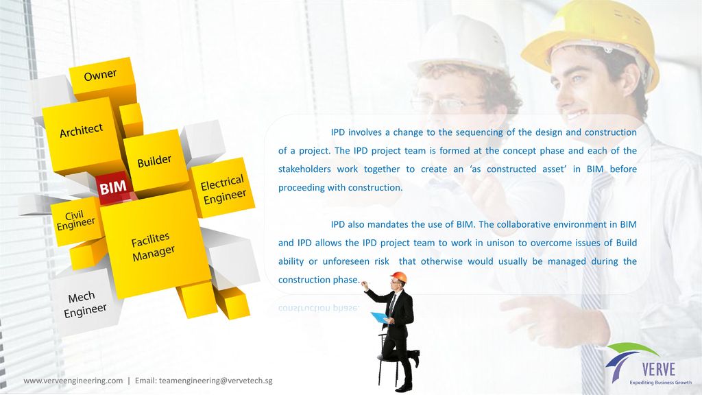 IPD involves a change to the sequencing of the design and construction of a project. The IPD project team is formed at the concept phase and each of the stakeholders work together to create an ‘as constructed asset’ in BIM before proceeding with construction.