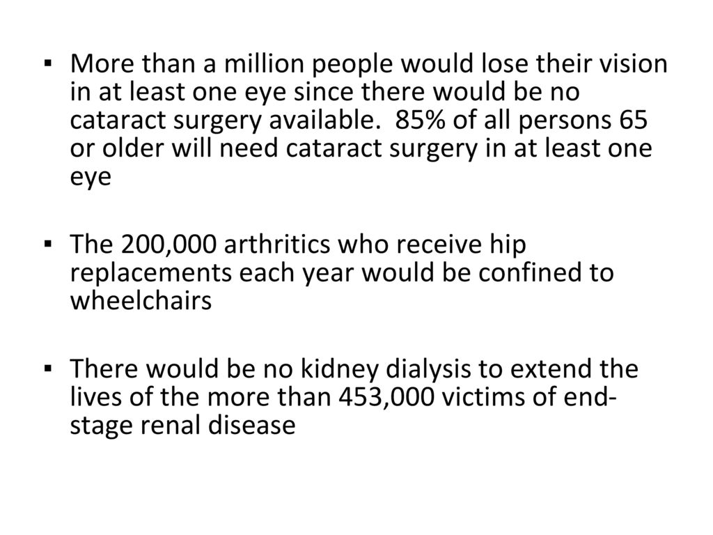 More than a million people would lose their vision in at least one eye since there would be no cataract surgery available. 85% of all persons 65 or older will need cataract surgery in at least one eye