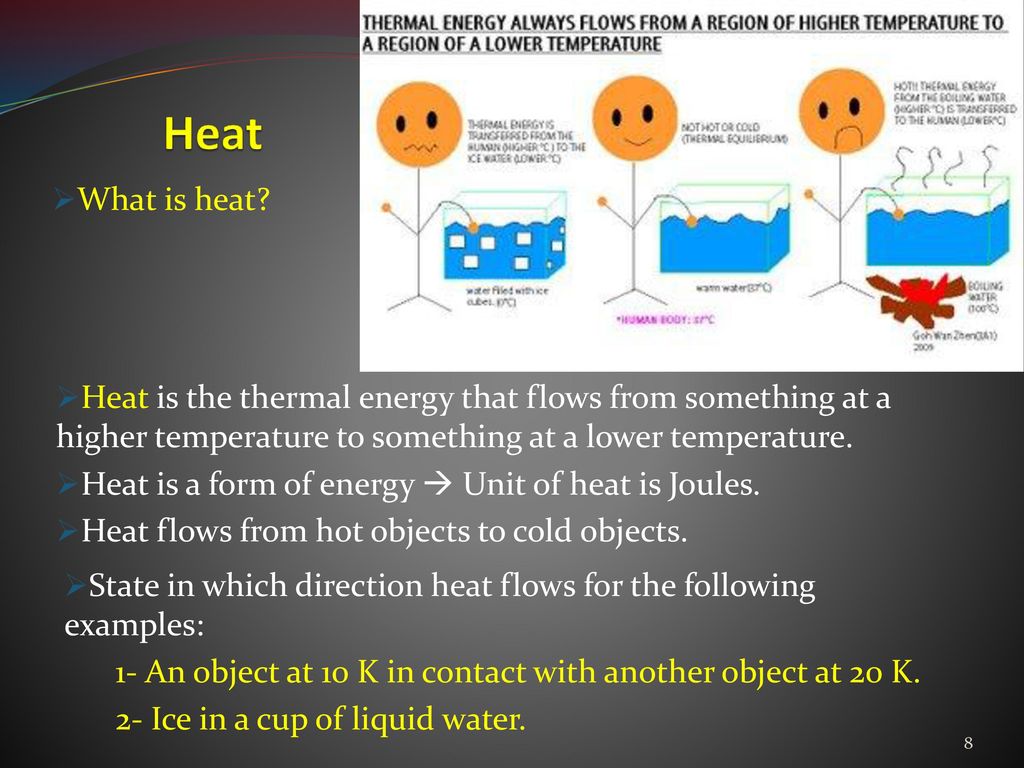 Heat What is heat Heat is the thermal energy that flows from something at a higher temperature to something at a lower temperature.