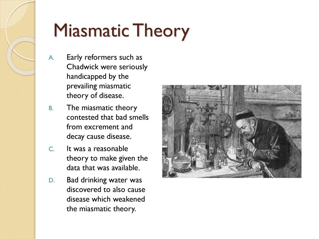 Miasmatic Theory Early reformers such as Chadwick were seriously handicapped by the prevailing miasmatic theory of disease.