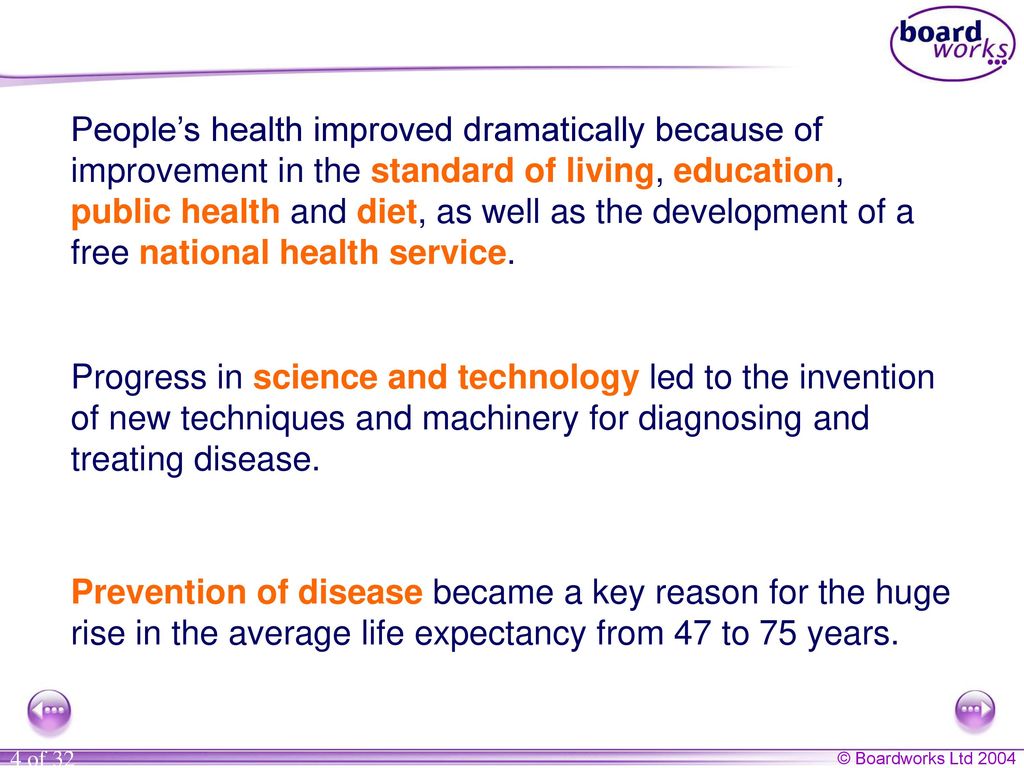 People’s health improved dramatically because of improvement in the standard of living, education, public health and diet, as well as the development of a free national health service.