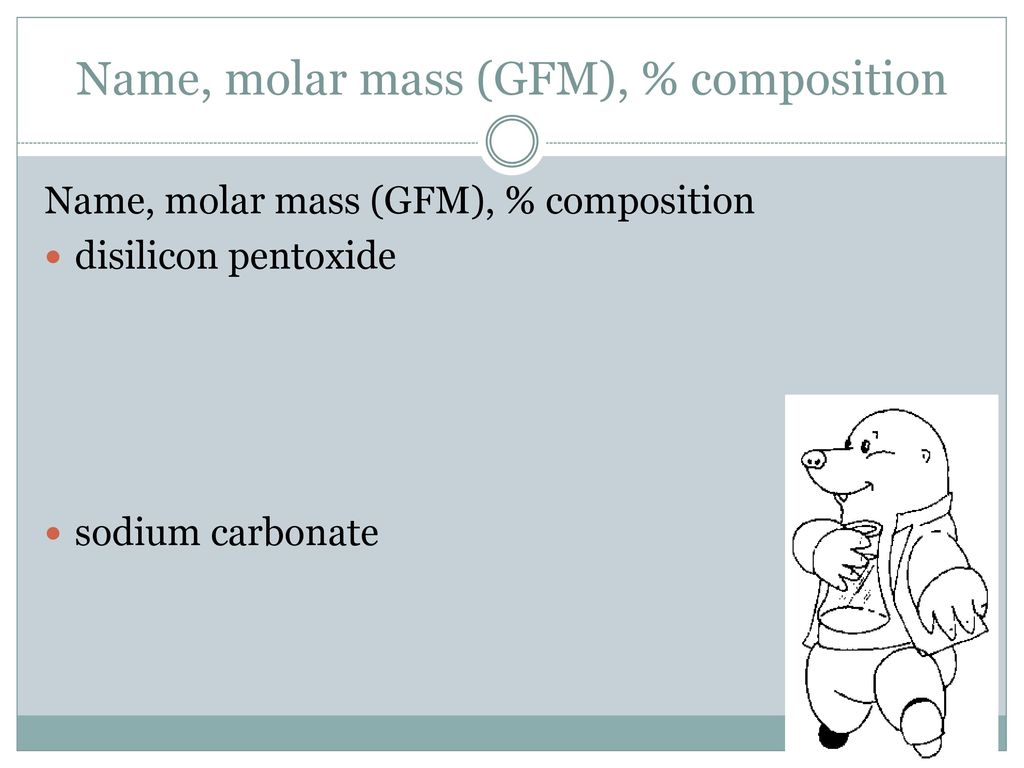 Name, molar mass (GFM), % composition