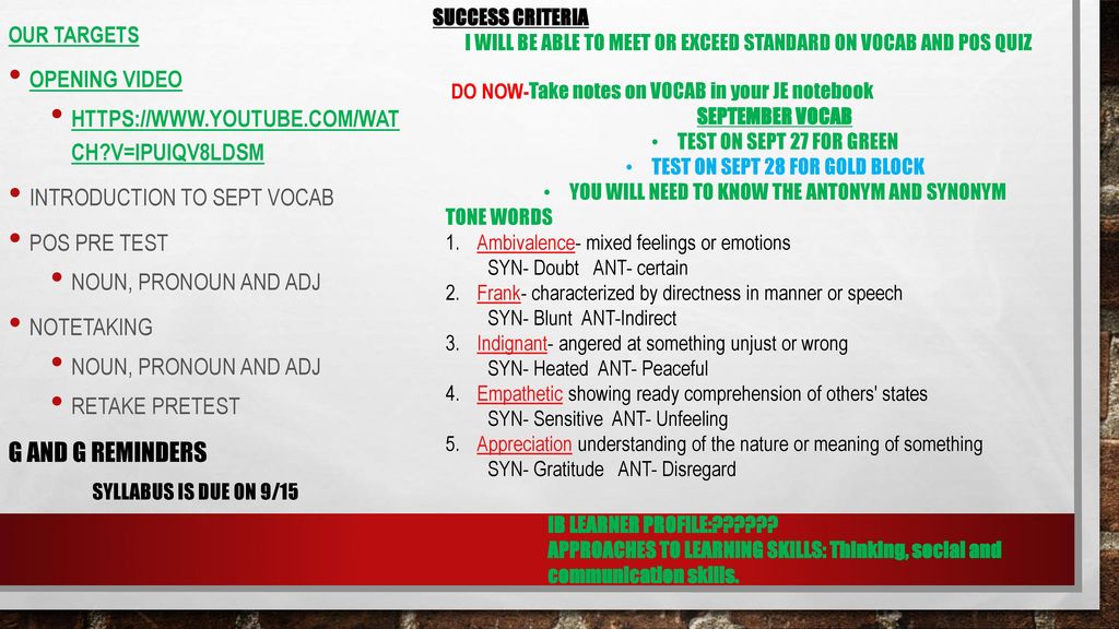 I WILL BE ABLE TO MEET OR EXCEED STANDARD ON VOCAB AND POS QUIZ Ppt i-will-be-able-to-meet-or-exceed-standard-on-vocab-and-pos-quiz-ppt