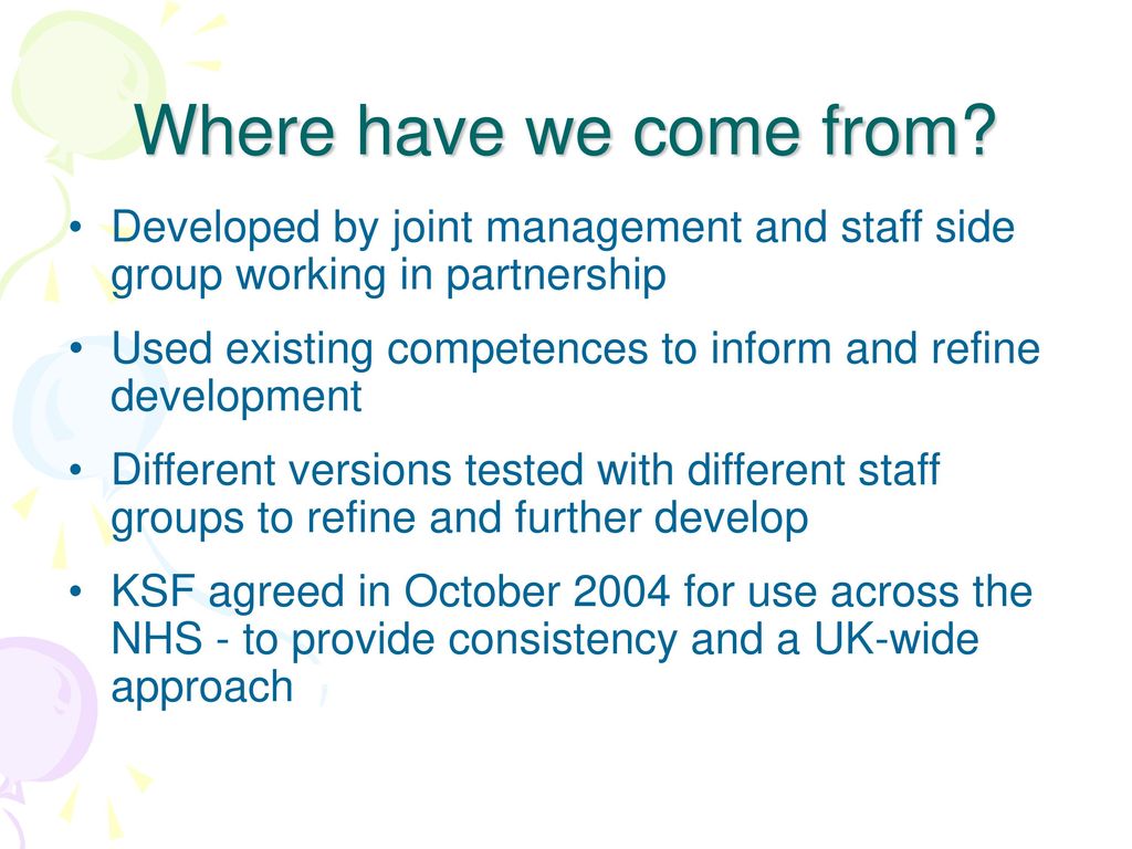 Where have we come from Developed by joint management and staff side group working in partnership.
